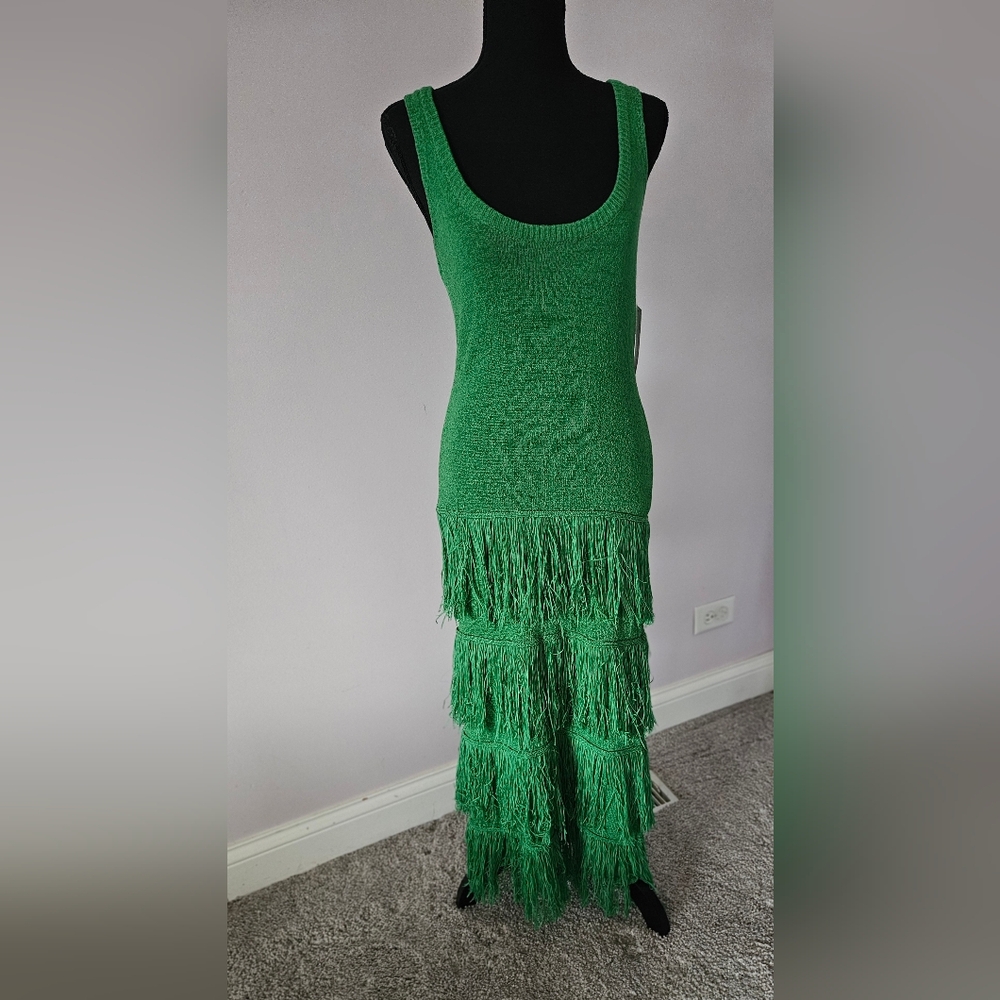 Green Fringe Maxi Dress - Sleeveless Scoop Neck